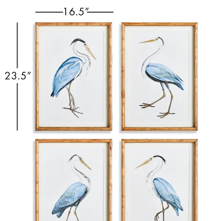 Experience the splendor of nature with the Elegant Blue Heron Wall Prints, Set Of 4. Enclosed in sleek, fir wood frames, these prints offer a sophisticated and charming touch to your beach cottage or villa. Embrace the captivating beauty of nature's finest creatures and elevate the atmosphere of your home with this stunning set.