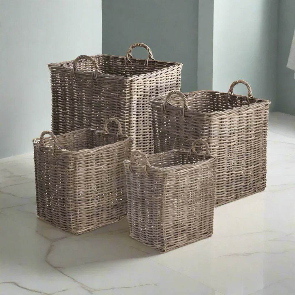 Set of 4 Handmade Dove Gray Rattan Storage Baskets