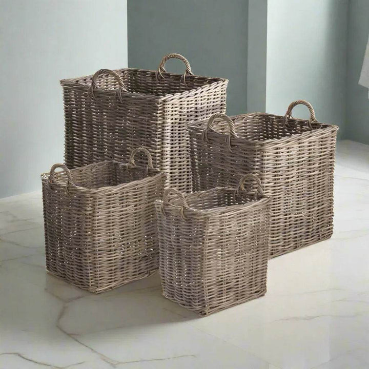 Set of 4 Handmade Dove Gray Rattan Storage Baskets