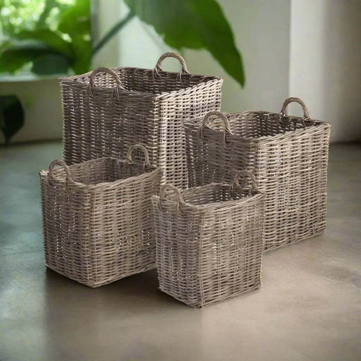 Set of 4 Handmade Dove Gray Rattan Storage Baskets