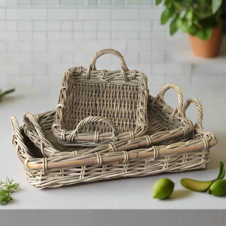 Set of 3 Handmade Dove Gray Rattan Serving Trays