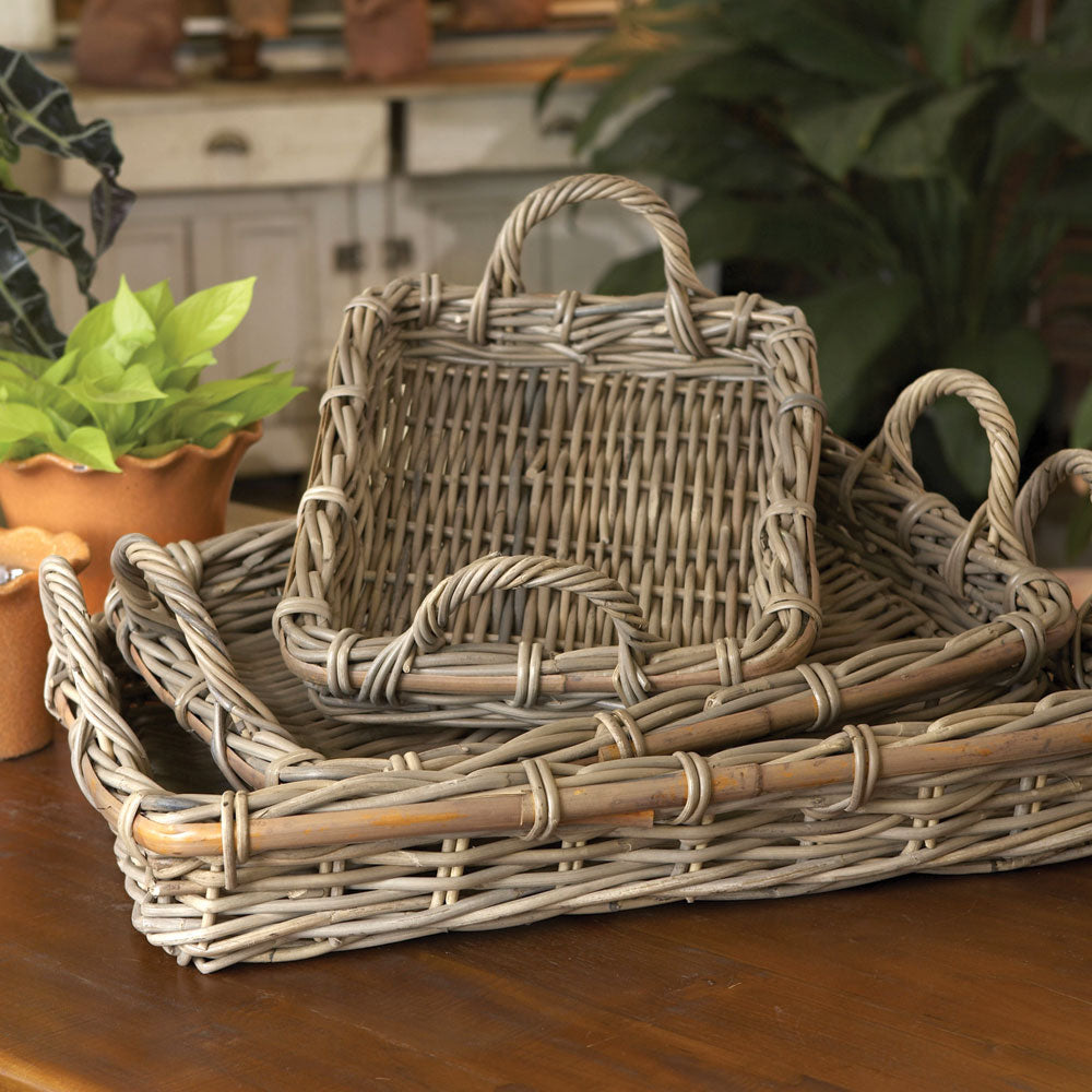 Set of 3 Handmade Dove Gray Rattan Serving Trays