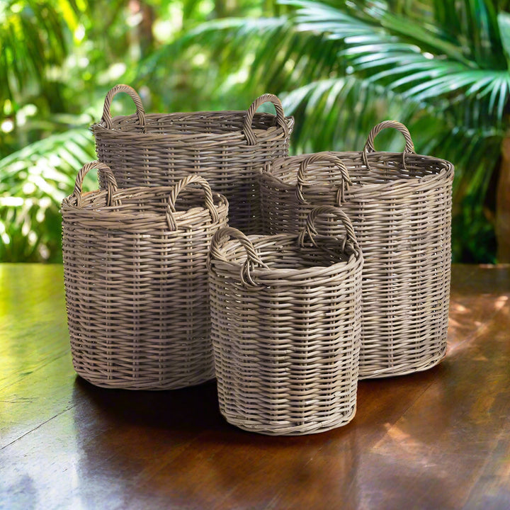 Set of 4 Handmade Dove Gray Rattan Storage Baskets