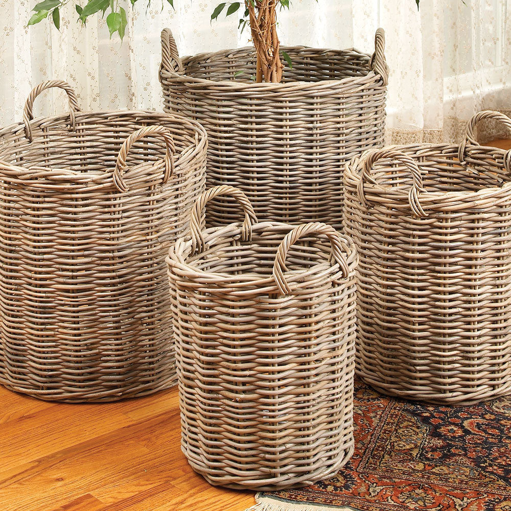 Set of 4 Handmade Dove Gray Rattan Storage Baskets