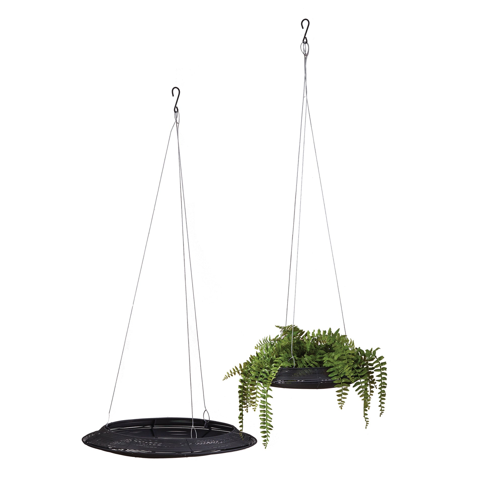 Basic in form with an unexpected shallow shape, this set of hanging wire baskets is made for the modern home Fill with a cascading succulent or some light air plants and hang on porch, balcony or anywhere.