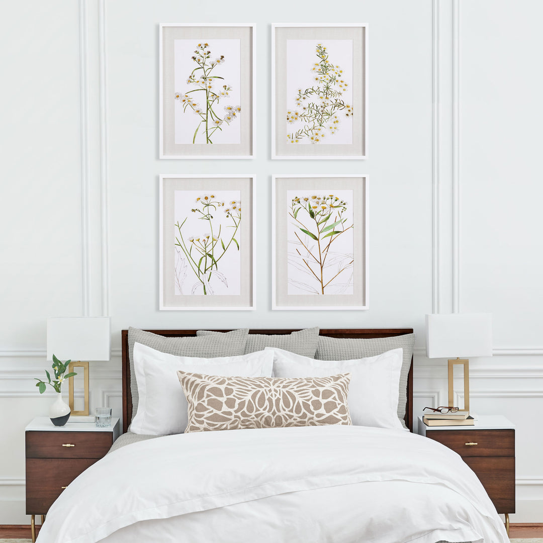 Each with their own distinct composition, this set of four Daisy Prints makes a sweet accent for your wall. The ivory linen-like mats and simple white frames make them neutral enough for any casual space.