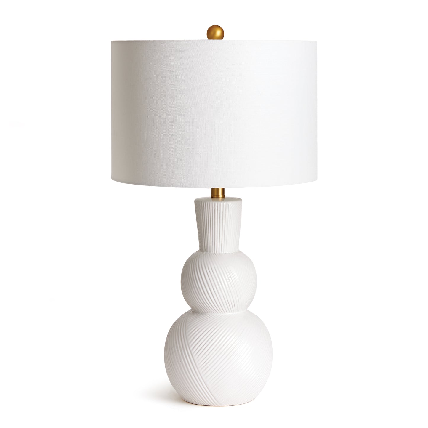 In a classic clean white ceramic with hand carved markings along the body, this lamp is made for the traditional setting. A generally scaled white linen shade & simple brass finial finish off the look.