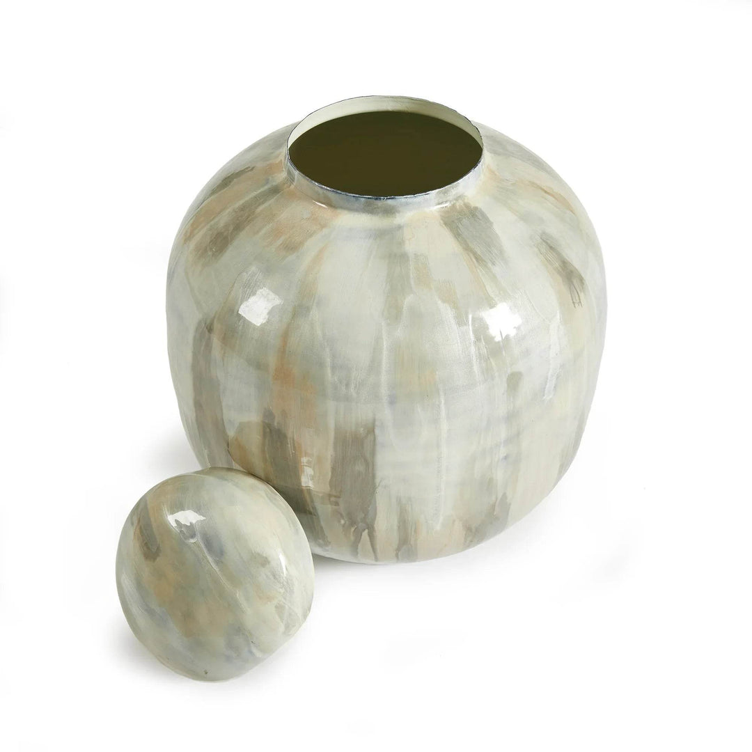 Hand-painted enameled iron urn with lid set beside wide opening, neutral cream and taupe palette and glossy finish on white backdrop – Transitional