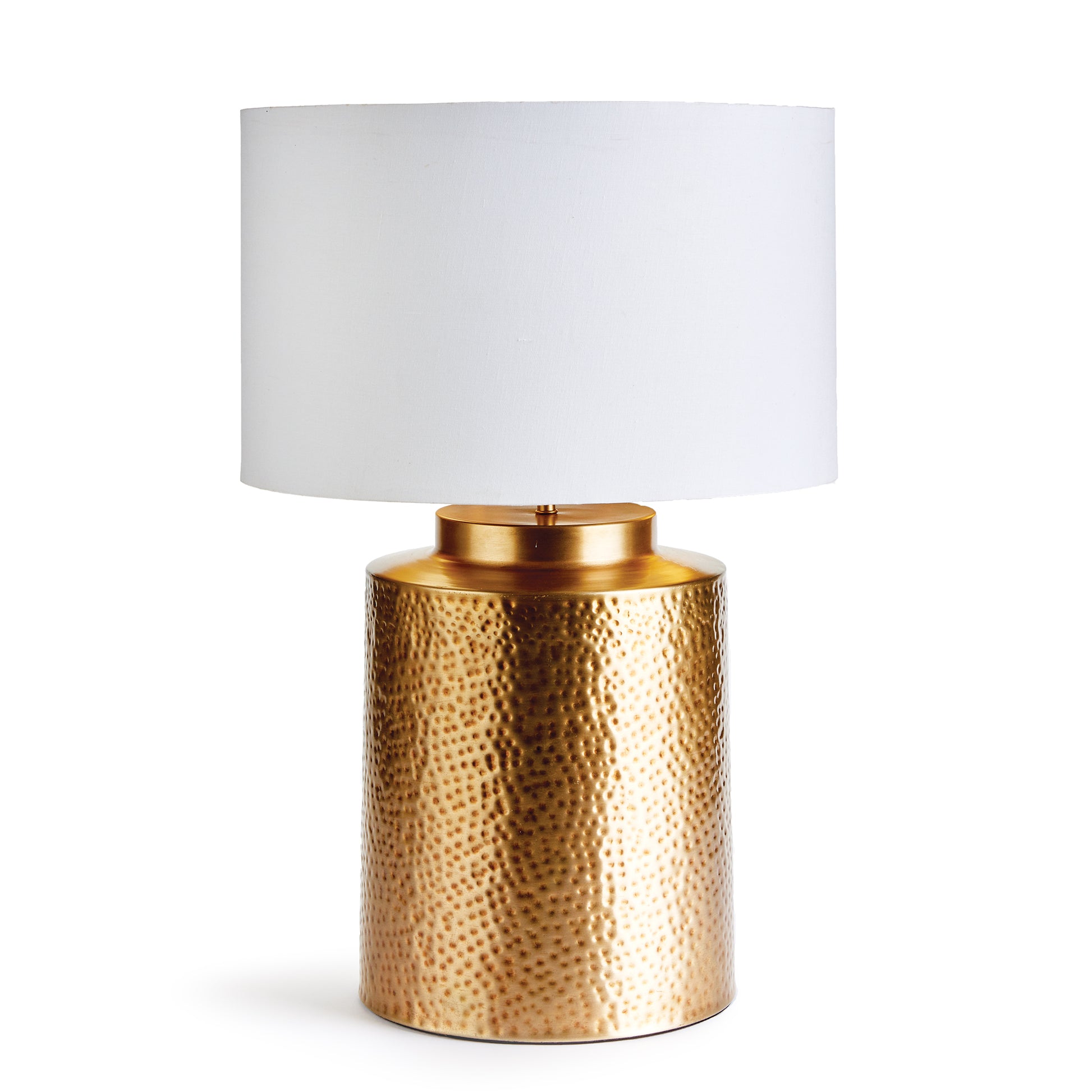 With a textured brass Base and impressive scale, this lamp is a handsome focal point for the room. The white gallery shade with gold interior adds drama and contrast.