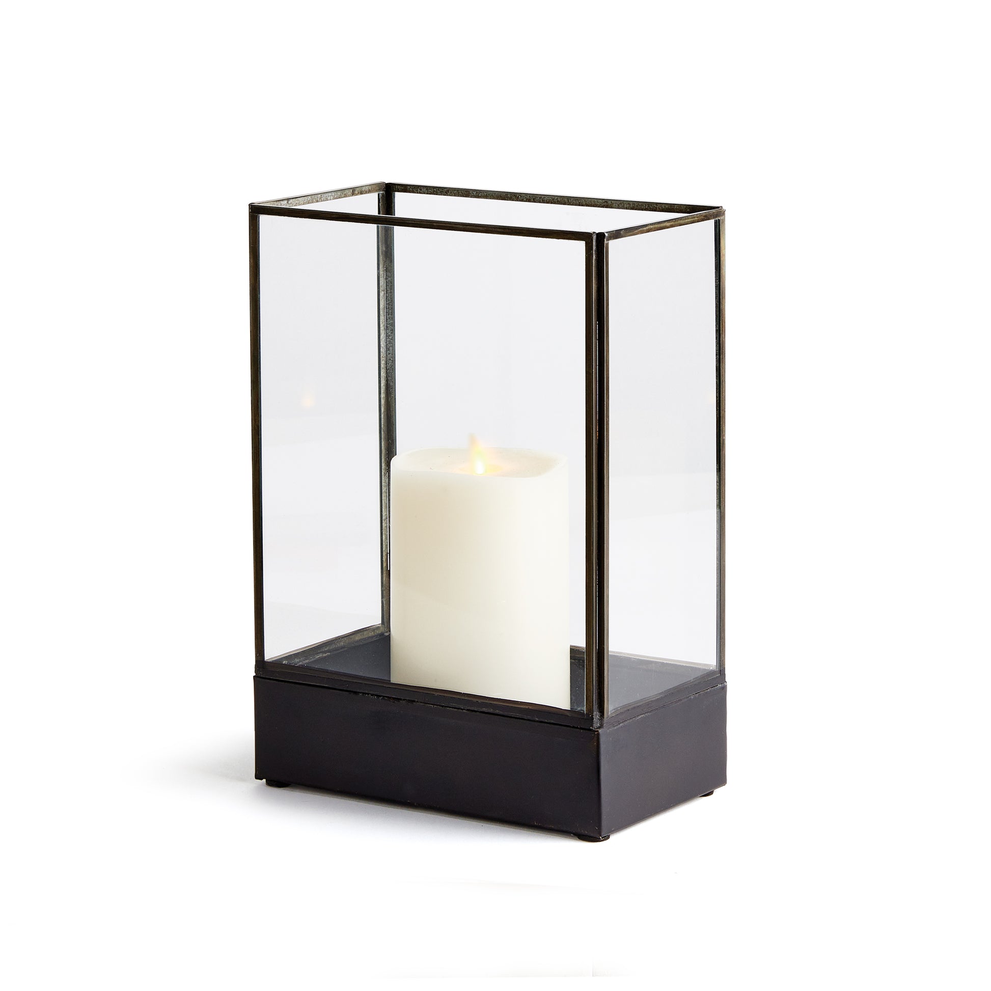 In a classic mix of glass and brass, this wide open design features your favorite candle display in a simple and clean way. Great along a hearth, or on a covered  front porch for extra charm.