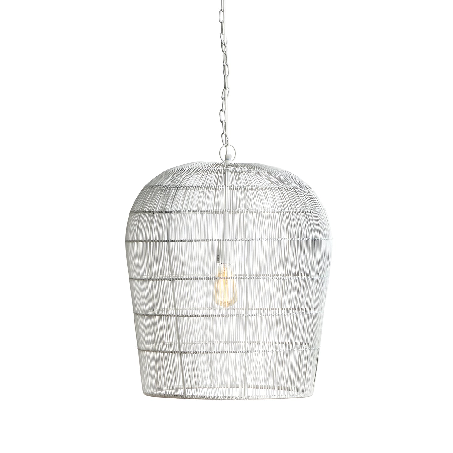 Constructed with precision, Lucia White Pendant Light features tightly-woven strands of delicate white matte metal, enveloping a sturdy iron frame on a grand scale. Its intricate design allows for the symphony of light to radiate through its open spaces, making it an ideal choice for a kitchen island or foyer decor.