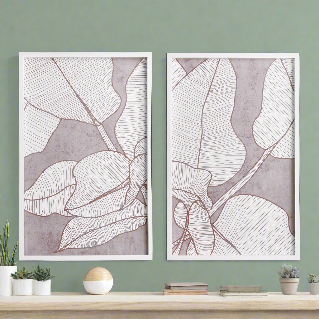 Experience a tropical oasis at home with these unique and sophisticated coastal pieces. The soothing taupe palette adds a touch of relaxation, while the simple white frames seamlessly blend into any home decor. Perfectly sized for your entry or living room, indulge in an updated coastal look with these Palm Leaf Wall Prints, Set of 2.