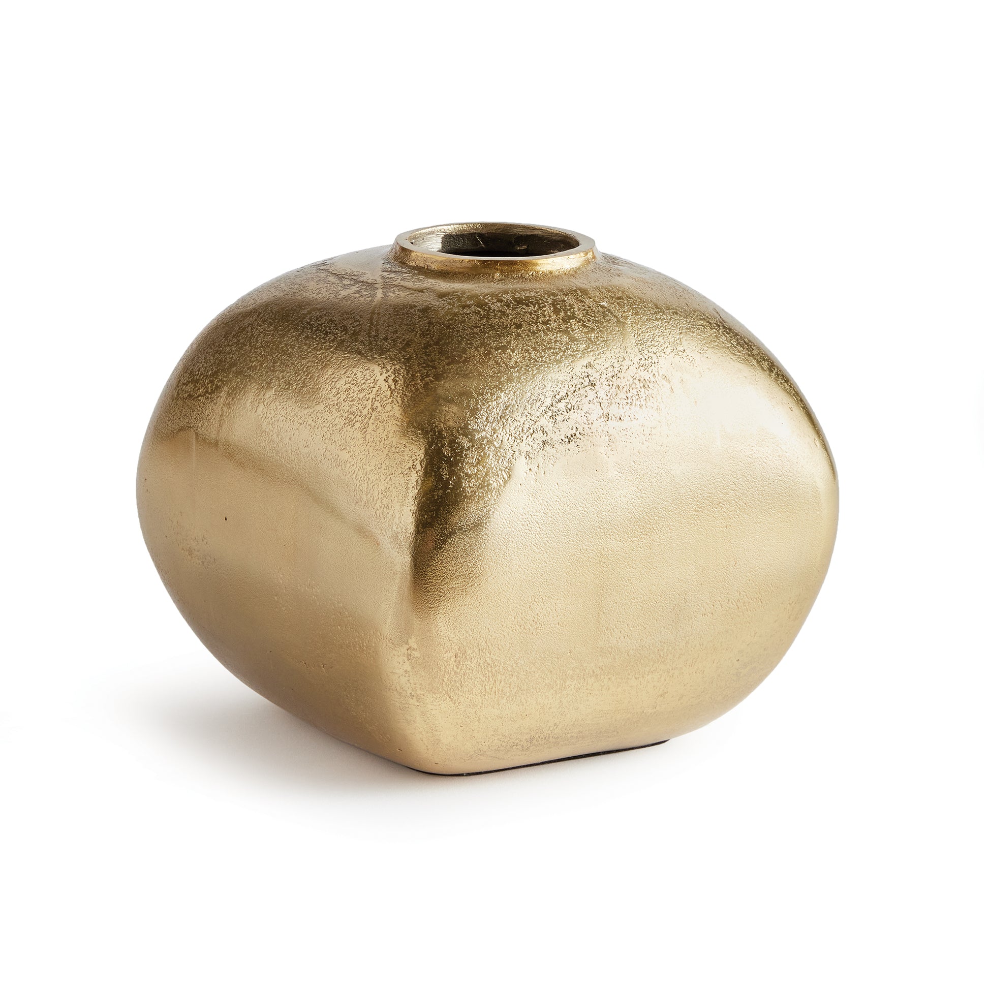 Petite but not without its own charm. This decorative cast aluminum vase is rounded but with distinct squared edges. Drop a few faux stems in or display as is. A charming accent for ottoman, bookshelf or home office desk. 