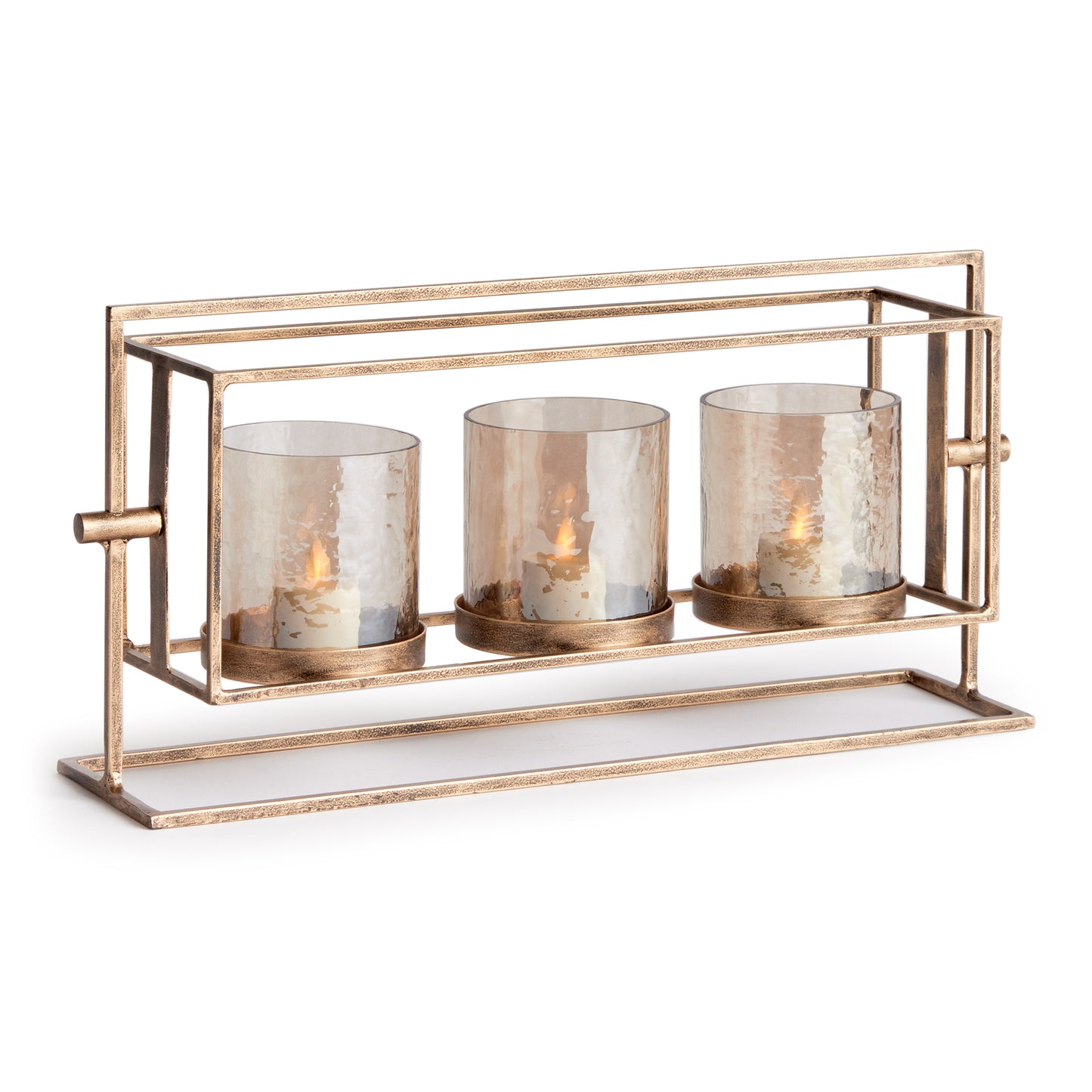 With a warm antique gold finish, elevated design and hammered lustre glass hurricanes, this triple candleholder is a work of art. Perfect for dining table centerpiece or as a feature for the kitchen island.