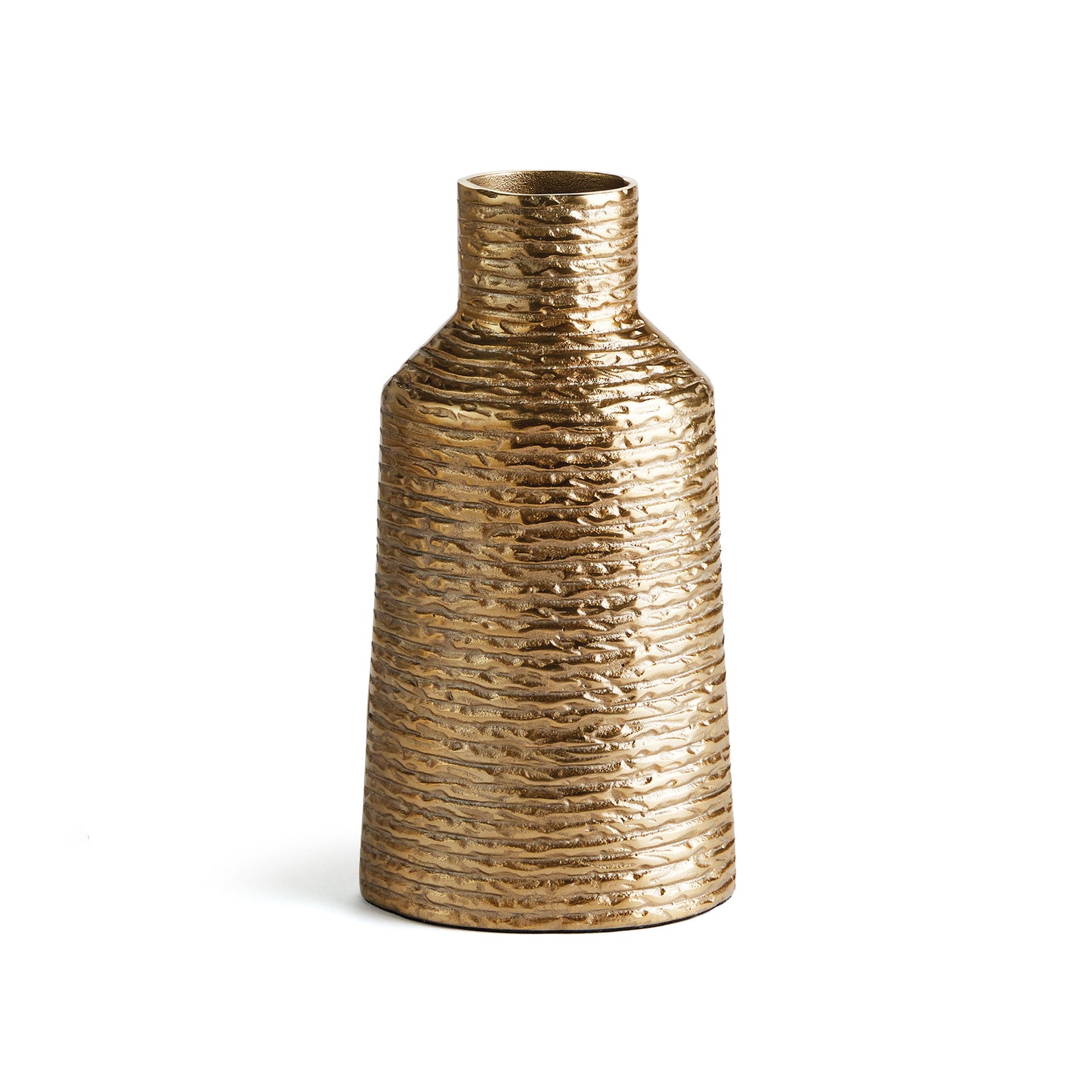 Made of a cast aluminum, but softened by the texture-like banding this vase adds a golden touch to shelf or countertop. Add some faux stems or display as is for a cleaner look.