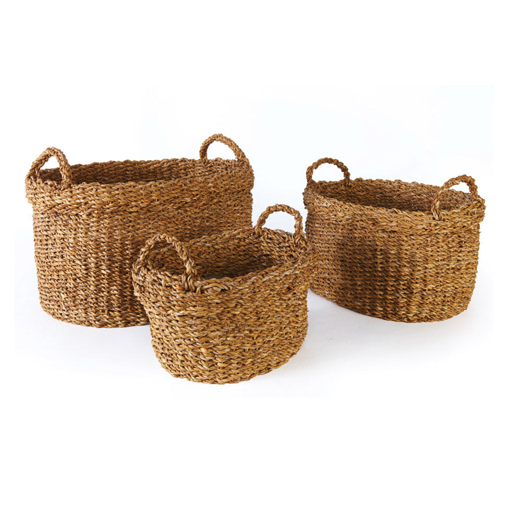 Seagrass Oval Baskets With Handles & Cuffs, Set Of 3