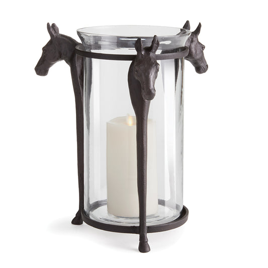 Expertly hand-crafted down to the hoof, this equestrian-inspired hurricane is a stunning accessory. Created in cast aluminum and glass, may be used as a vase or candleholder. How smart!