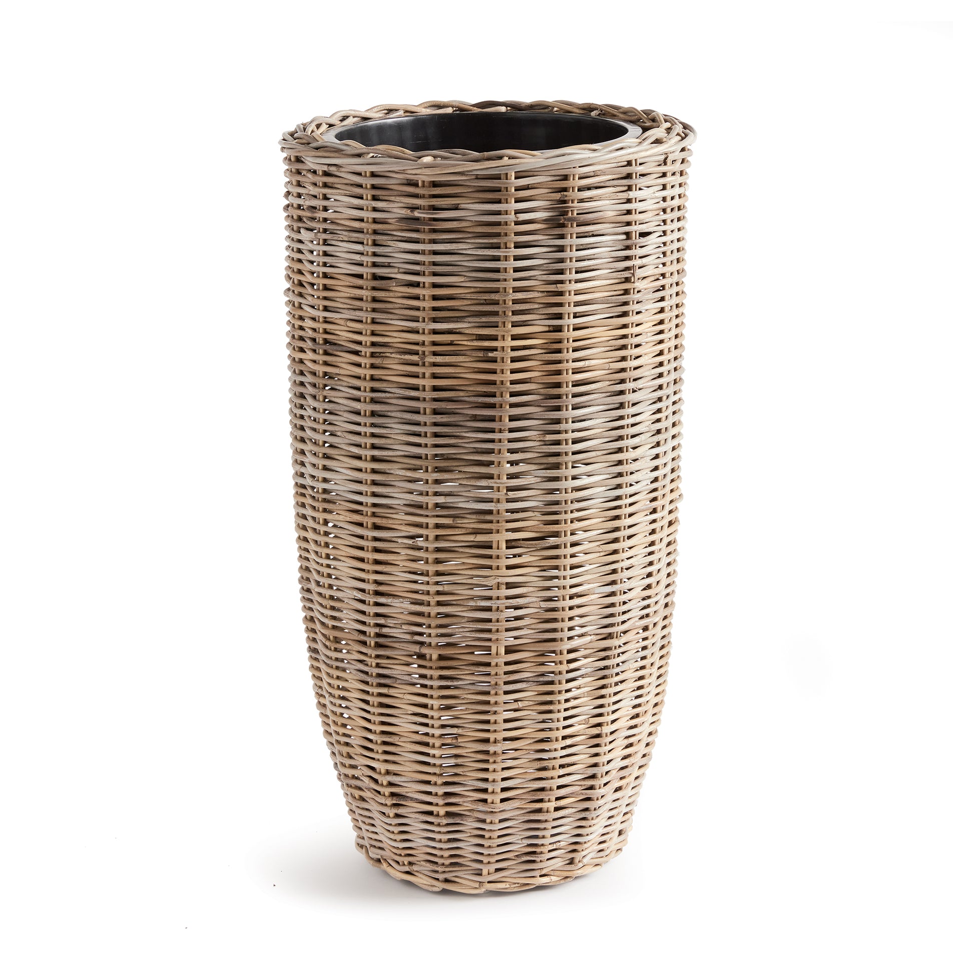 Crafted with all-natural materials, this rattan planter boasts a distinctive flattened weave design and is complemented by a sturdy iron frame and included grower's pot. Perfect for those seeking a durable and aesthetically pleasing option.