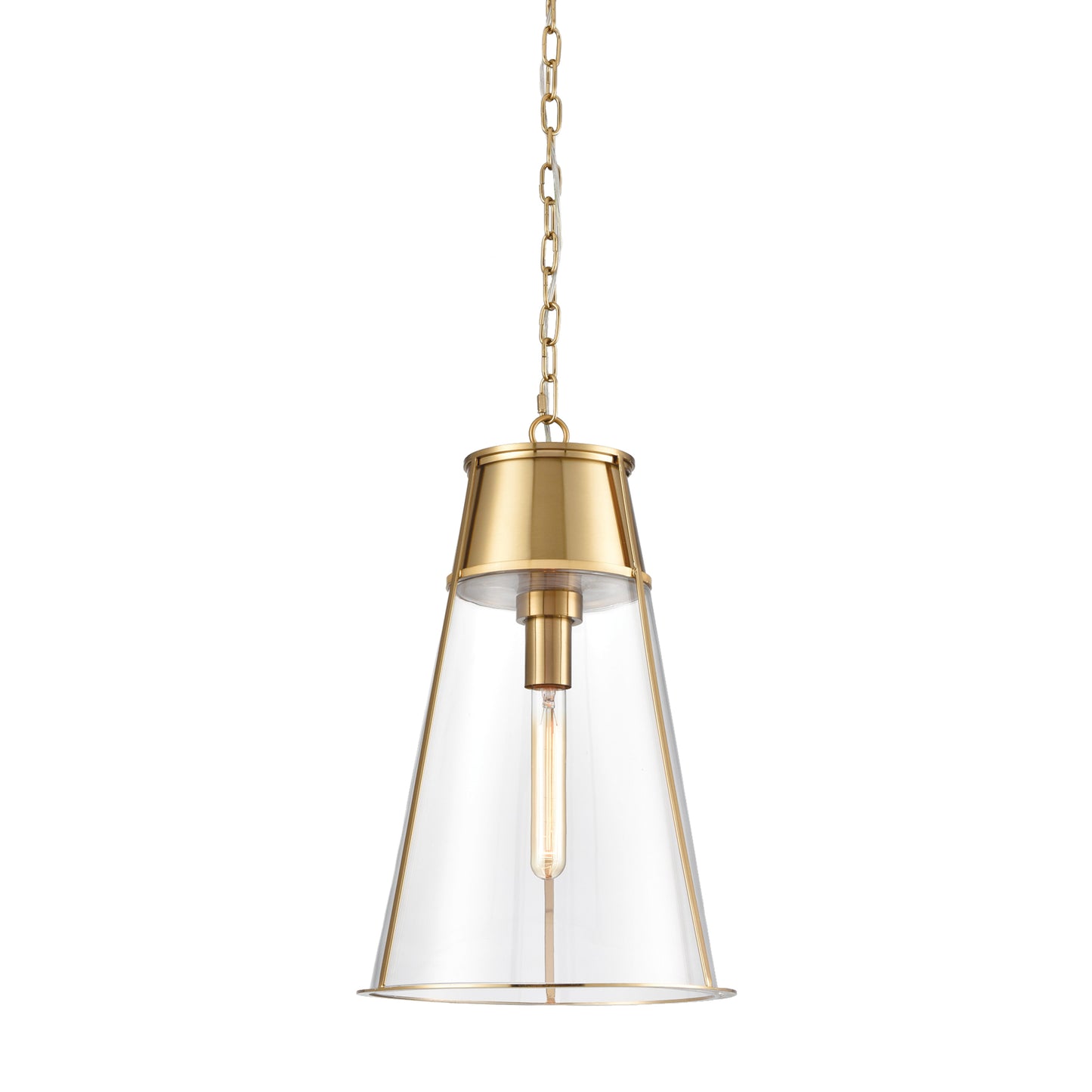 Generous in scale, and made of a modern mix of brass and glass, this pendant is a handsome fixture. Over an island, in an entry or foyer, a solid choice.