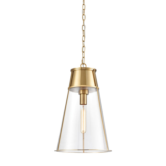 Generous in scale, and made of a modern mix of brass and glass, this pendant is a handsome fixture. Over an island, in an entry or foyer, a solid choice.