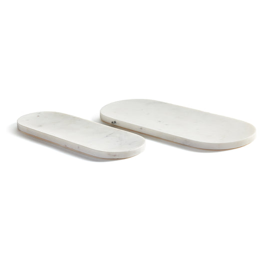 Sleek and simple, this set of oval marble trays are a great addition to any kitchen. An elegant way to serve guests an array of cheese, crackers & fruit.