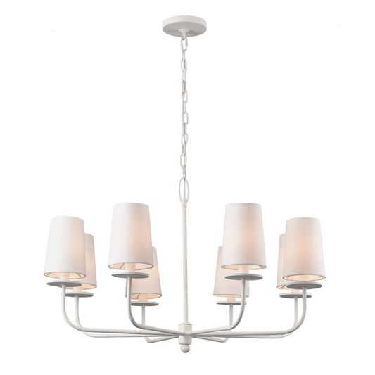 Elevate your living space with the Neville Iron Chandelier in Matte White. Its classic shape and subtle modern touches add a touch of elegance to any room. Crafted from sturdy iron and finished in a smooth matte white, this chandelier is hardwired for a seamless look. The tapered fabric shades diffuse light for a warm, inviting glow. Some assembly required.