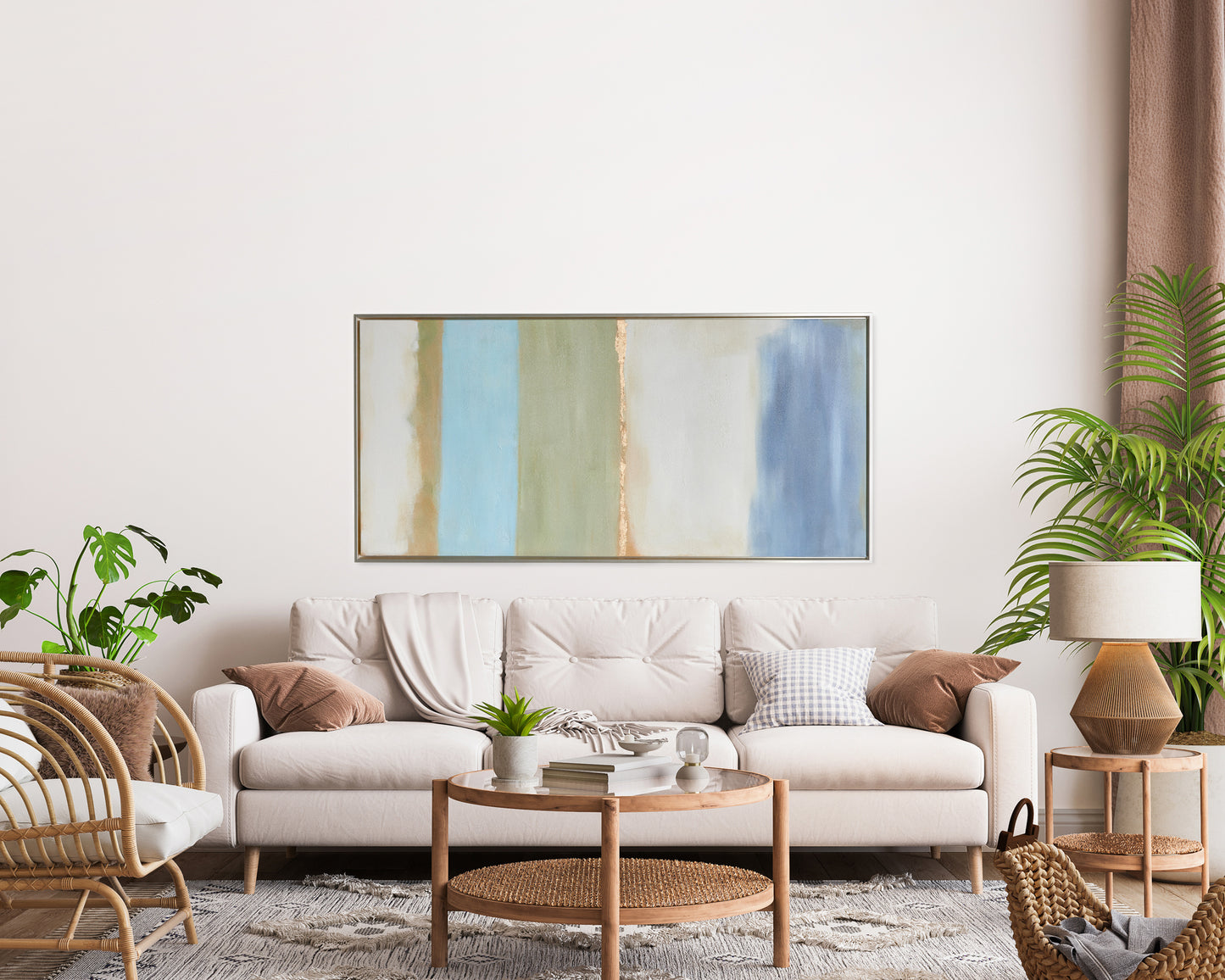 Experience the serene, coastal tones within this modern canvas. Drawing inspiration from Rothko's iconic style, this canvas is a study in color and balance. Each highlight is meticulously hand-embellished with touches of paint, creating a textured and dimensional piece. Complete with a sleek silver frame, this canvas is a stunning addition to any space.