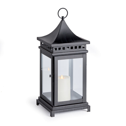 Simple in form and designed with a wide, sweeping top and a row of panes, this lantern is full of character. The powder-coated washed black finish gives it a sleek look that works well in any outdoor setting.