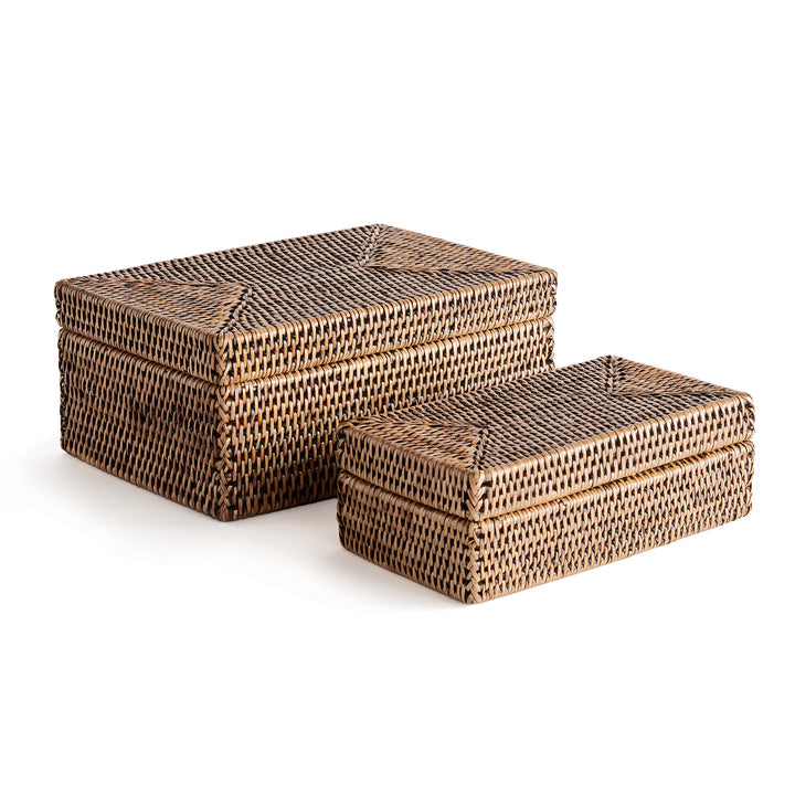 Brown Rattan Lidded Storage Boxes, Set of 2