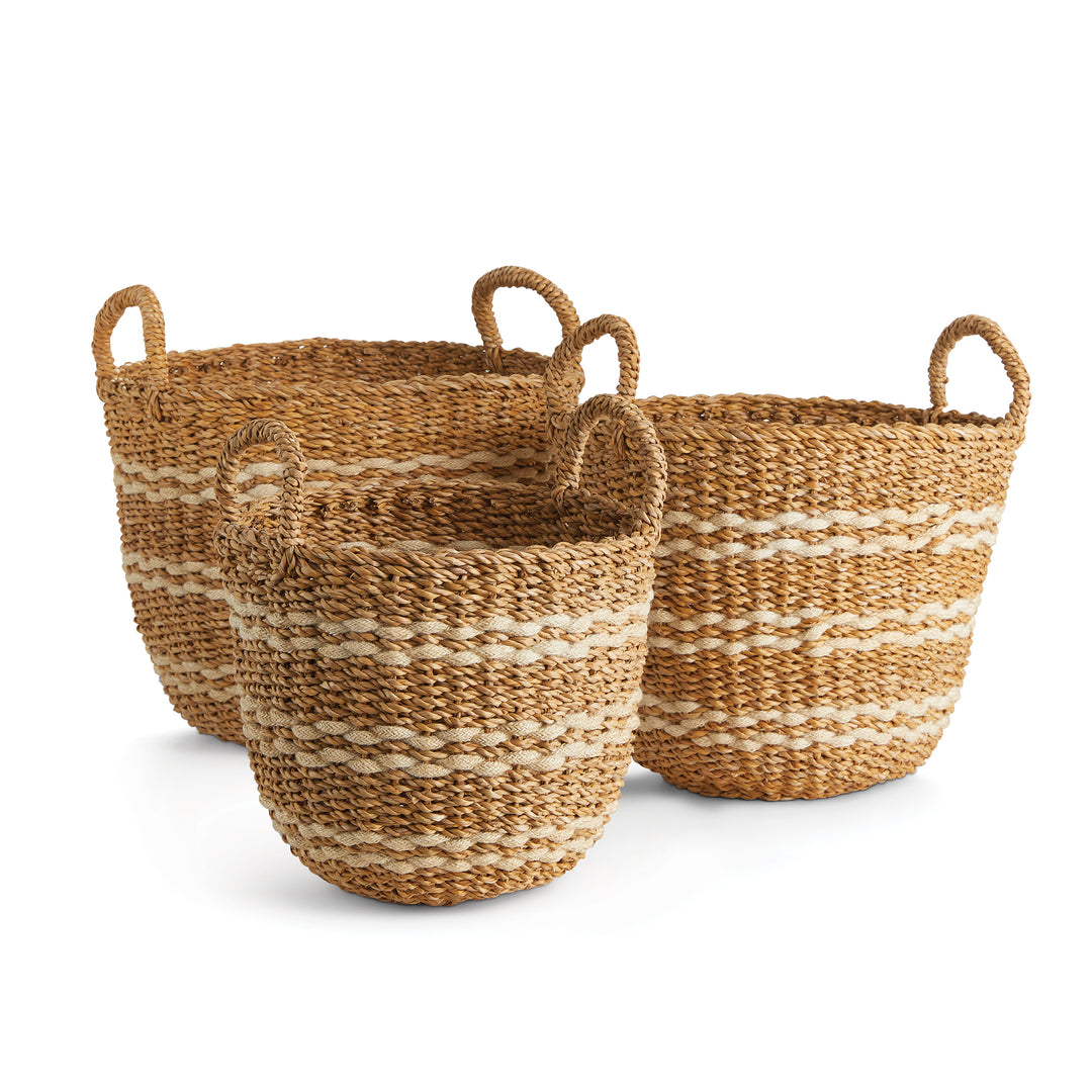 Seagrass & Jute Round Baskets With Handles, Set Of 3