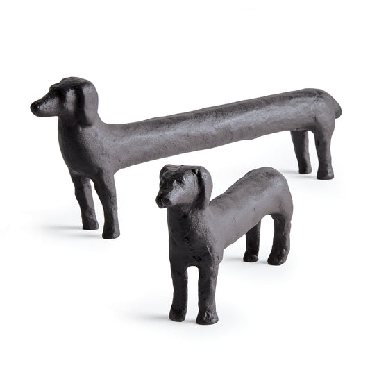 Made of a heavy cast aluminum, this set of regal dachshund sculptures are worthy of a prime bookshelf spot. With abstract, exaggerated features, a darling addition to side table or ottoman.