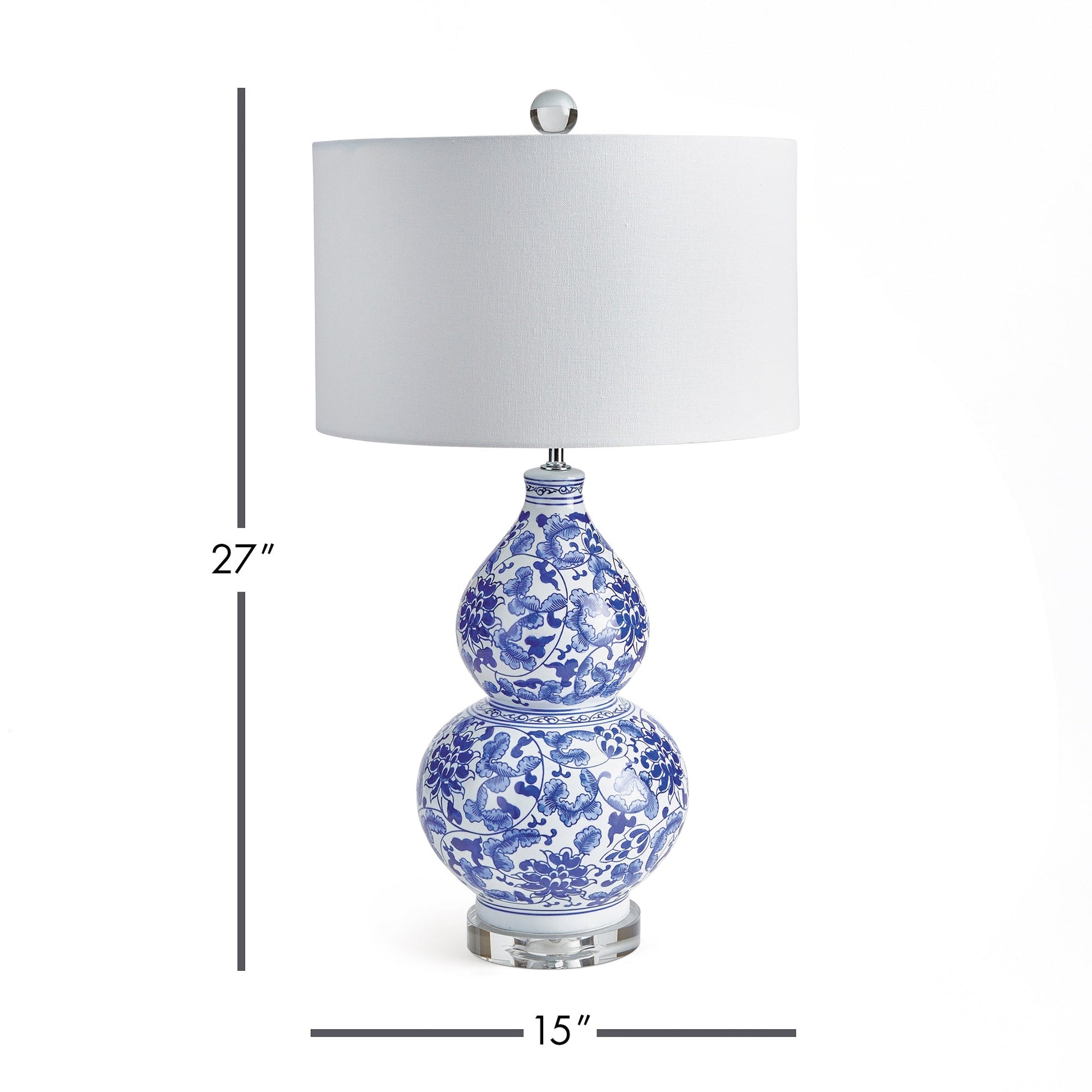 A classic yet elegant chinoiserie design, perfect for coastal-inspired spaces. This piece adds a touch of sophistication and brightness to any setting -whether on a side table, console, or shelf. Featuring a blue and white color scheme, a finial, and an acrylic base.