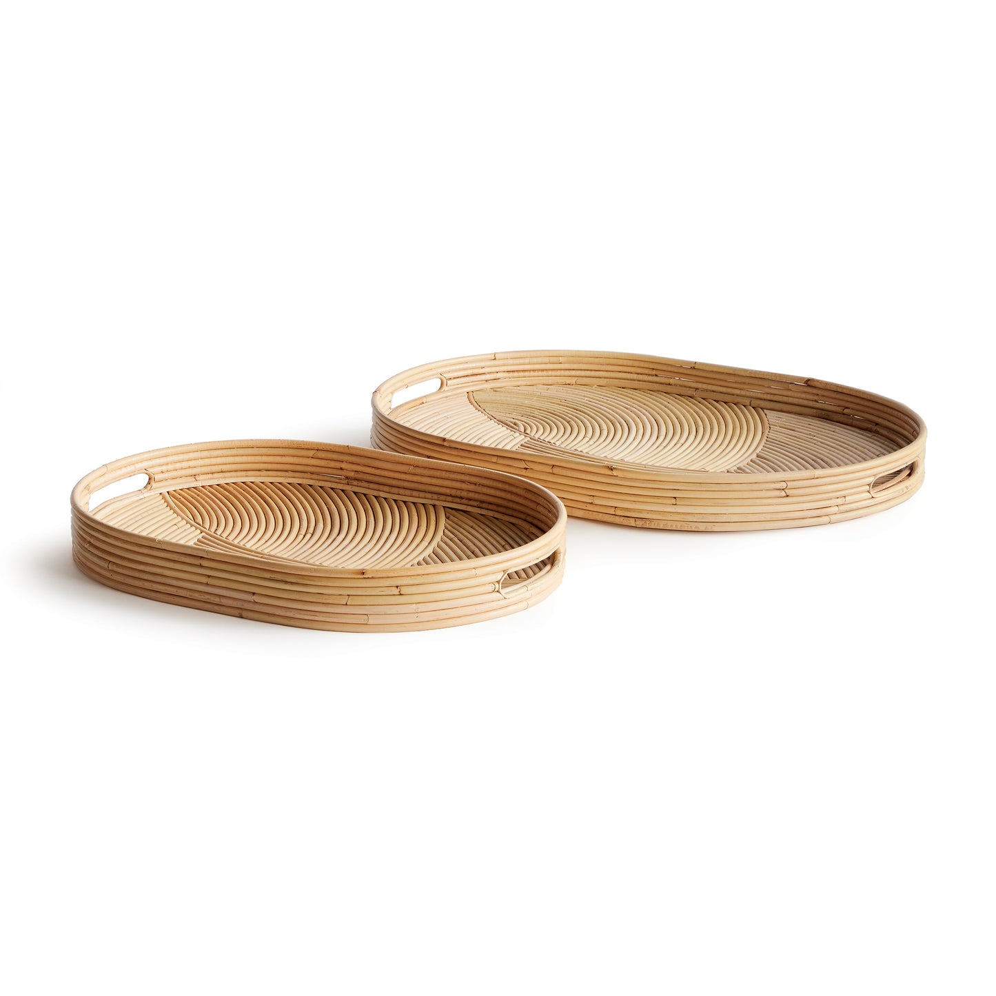 This exquisite set of Jelani cane trays are truly high end. Cane rattan is bent by hand and inlaid by highly skilled artisans, While they make nice serving trays, their craftsmanship also makes them perfect for unexpected wall displays.