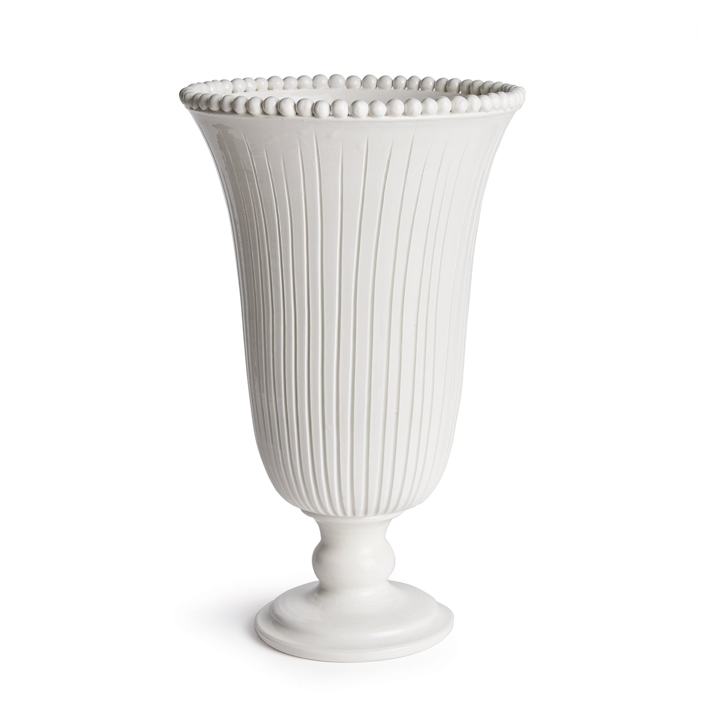 The Perla Tall Vase is handmade by Italian artisans in Tuscany, Italy. The graceful ribbing and hand-applied beading are made with genuine attention to detail. With a classic Italian craftsmanship passed down through generations, each piece is a true original.