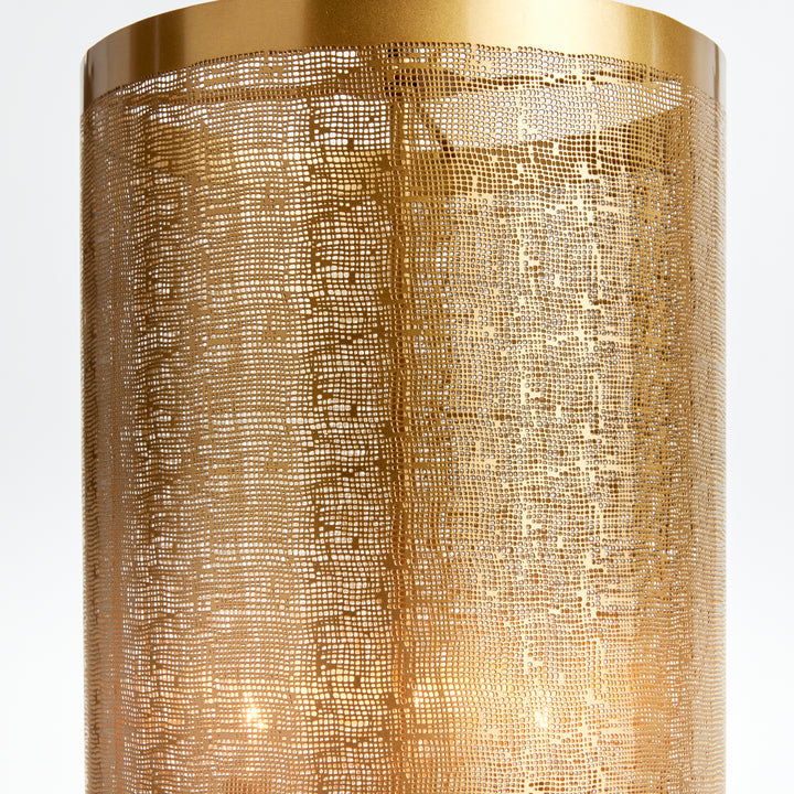 This pendant features an oversized drum and a meticulously crafted mesh design that commands attention. Its intended use is above a kitchen table or in an entry foyer, making a striking impression either way. Offering abundant illumination and modern flair, this pendant is guaranteed to make an impact, whether it's suspended over a table or brightening up an entryway.