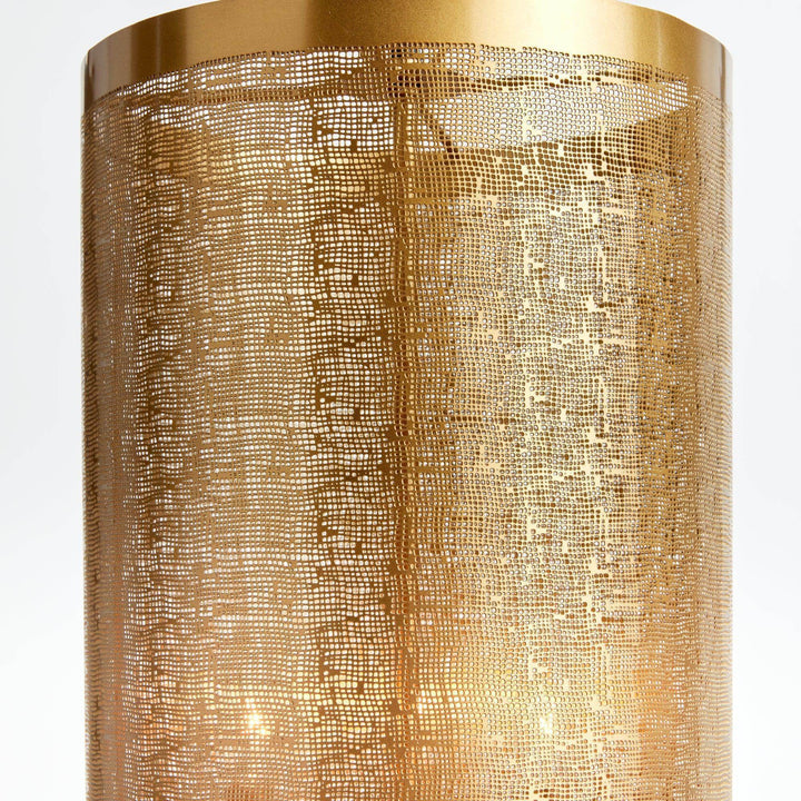 This pendant features an oversized drum and a meticulously crafted mesh design that commands attention. Its intended use is above a kitchen table or in an entry foyer, making a striking impression either way. Offering abundant illumination and modern flair, this pendant is guaranteed to make an impact, whether it's suspended over a table or brightening up an entryway.