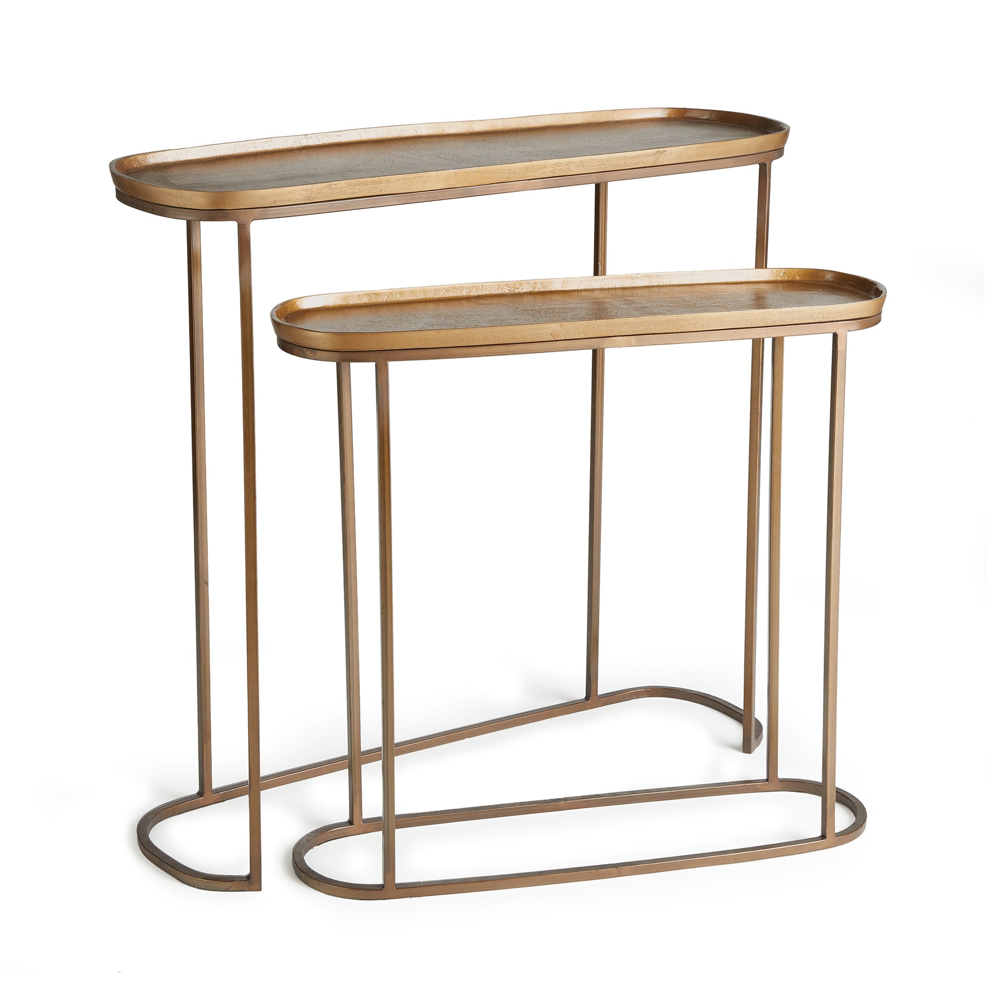 Nested console… what a concept! In an electroplated cast aluminum top and  iron legs, these two pieces fit together nicely, or can be separated to accommodate your layout. Innovative and beautiful, indeed.