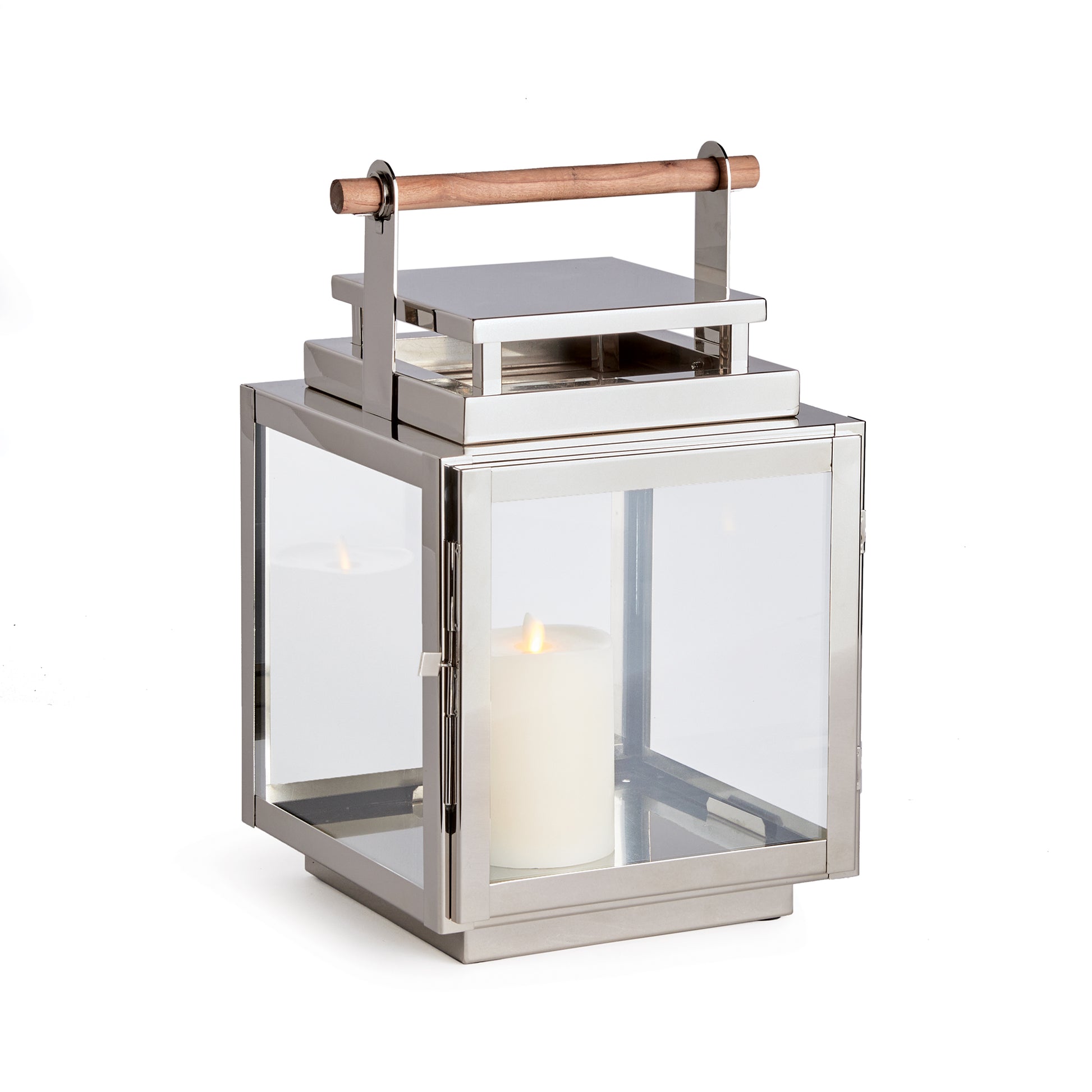 Elevate your outdoor space with the Adwin Outdoor Silver Garden Lantern Medium. The uniquely designed lantern features a teak handle, wide glass panes, and an exclusive chrome design. Its tailored square profile adds a modern touch to any patio, porch, or lanai, making it a must-have for any garden or outdoor area.