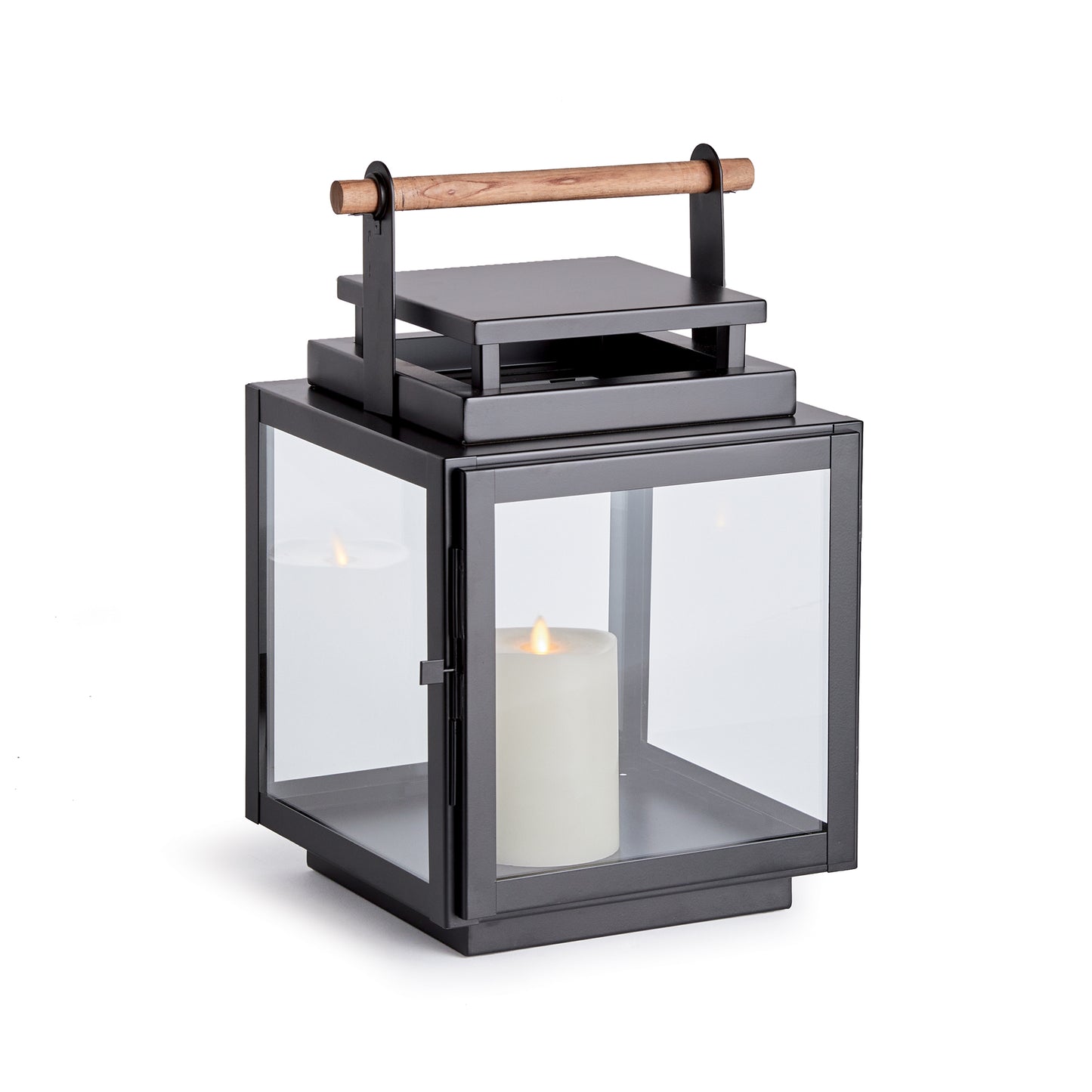 Featuring a teak handle, expansive glass panels, and a refined square shape, this outdoor lantern is a sophisticated addition to any patio, porch, or lanai. Its unique design sets it apart from others on the market. Crafted with a teak handle and wide glass panels, this lantern boasts a tailored square shape that adds an elegant touch to your outdoor space.