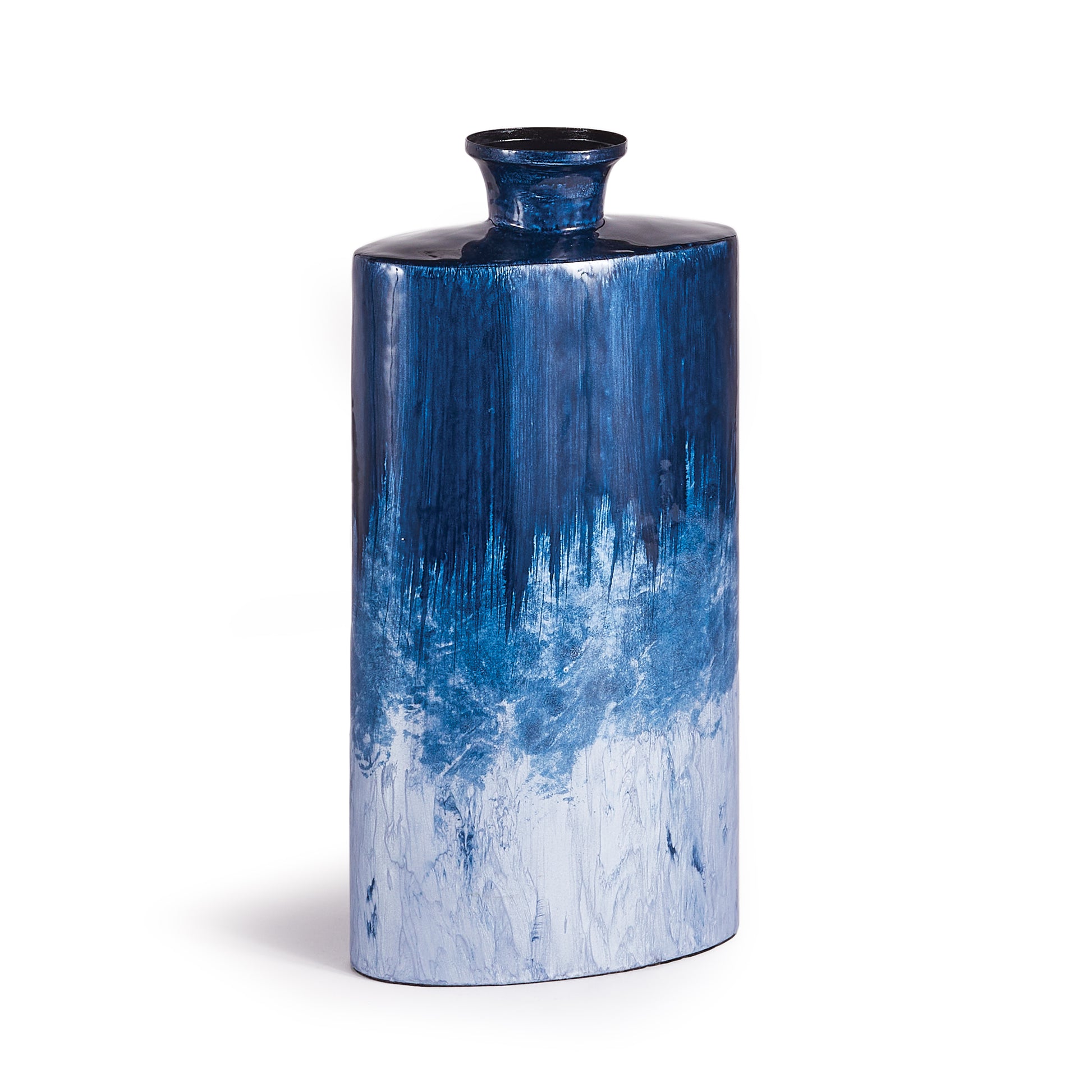 Hand-painted using enameled iron, the Blue Oval Vase Small boasts an elegantly elongated and lightweight design. Its stunning ombre finish, inspired by the beauty of nature and expertly crafted from enameled iron, adds a touch of simple sophistication to any room.