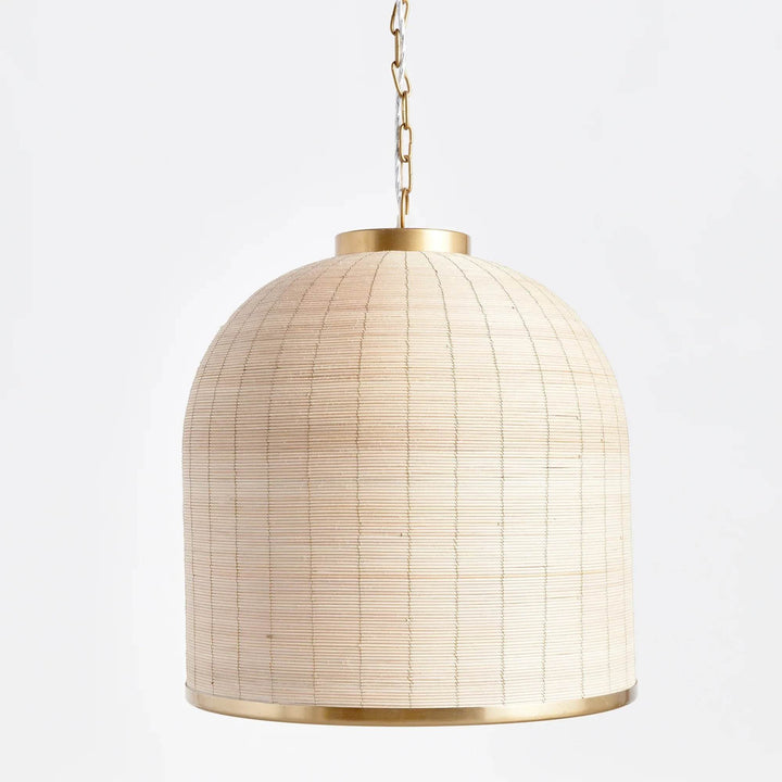 Crafted from natural cane rattan, the Maye Dome Pendant Light boasts a distinctive blend of colors, creating one-of-a-kind pieces. With elegant brass accents at the top and bottom, this pendant adds a refined touch to any space. Its impressive size makes it a statement piece for kitchen islands, entryways, or hallways, elevating the overall look of your room.