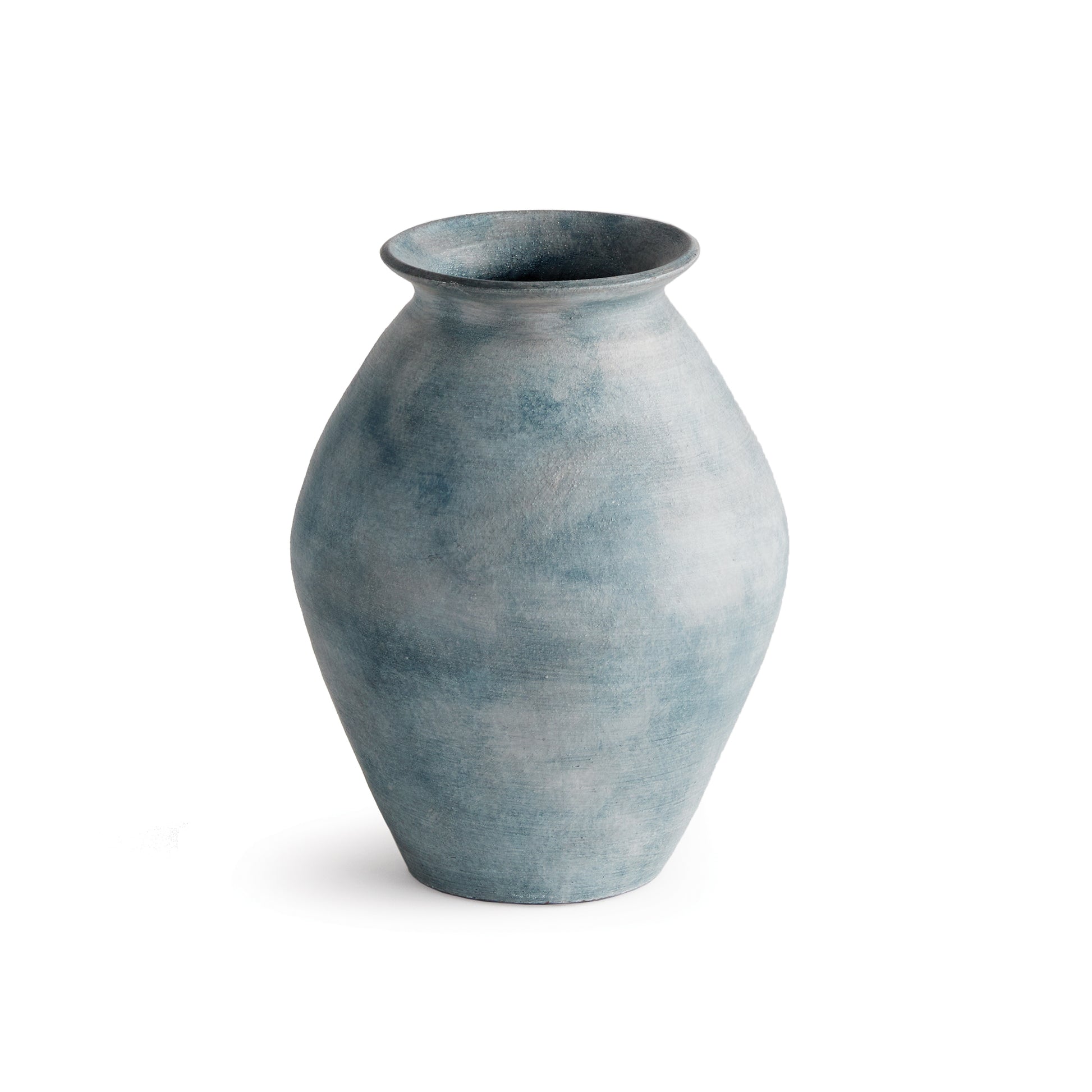 Hand thrown and perfectly imperfect, this terracotta vase brings the character. With subtle horizontal ribbing that shows through the gray-blue uneven matte glaze, It makes a lovely accent tucked in a bookshelf, or featured on a mantle or console.