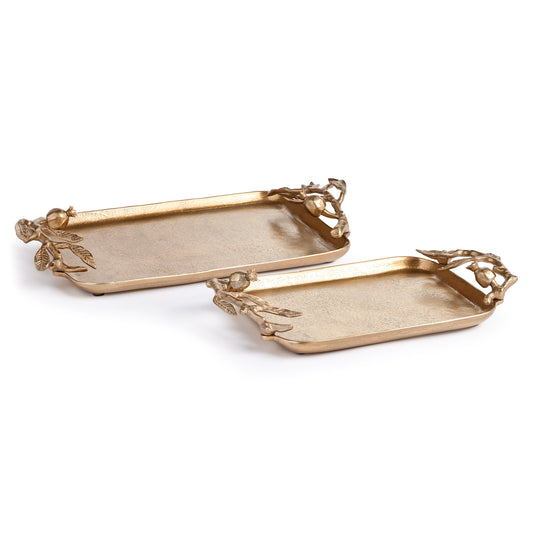 Made of a solid cast aluminum, these trays are adorned with traditional pomegranate designs on the handles. Finished in a warm gold they are an elegant addition for the traditional space.