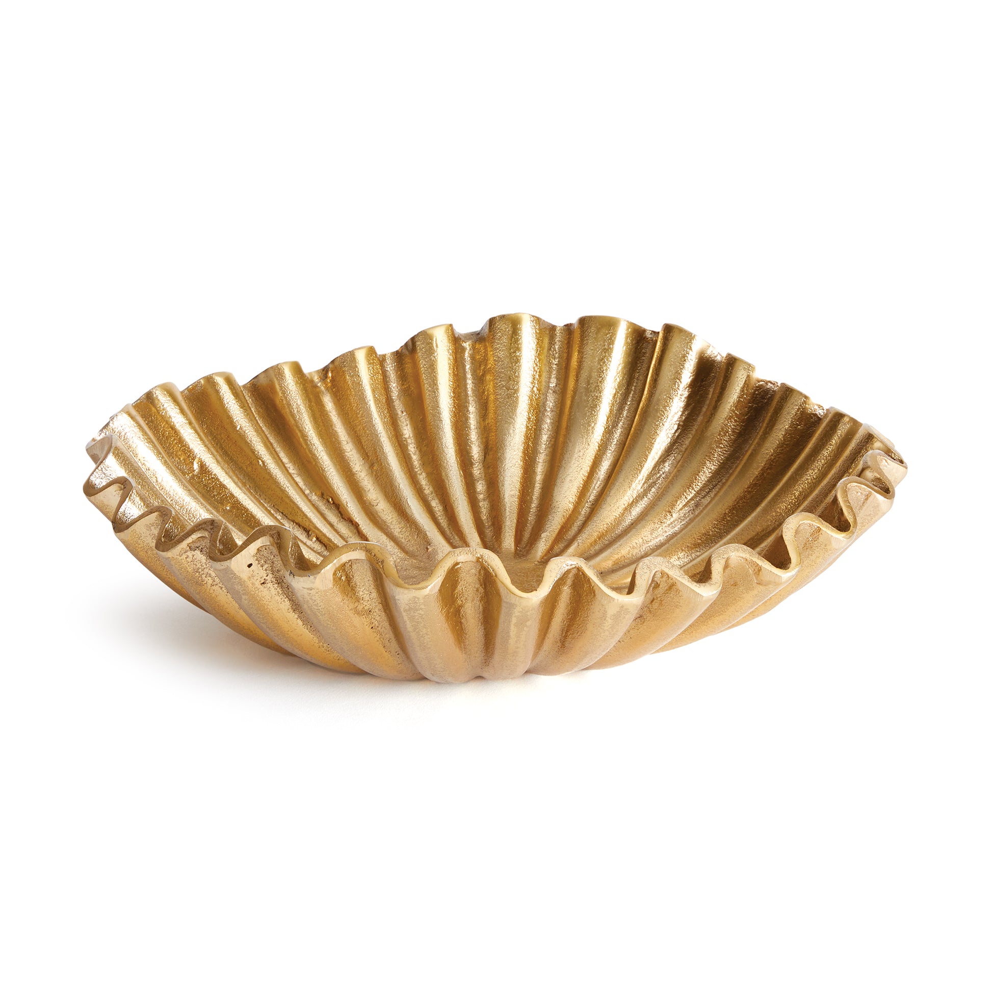 With its organic shape and deep ridges, this decorative tray is an alluring accent. Made of cast aluminum with a rich golden metallic finish, it is a solid choice for kitchen table, island or end table.