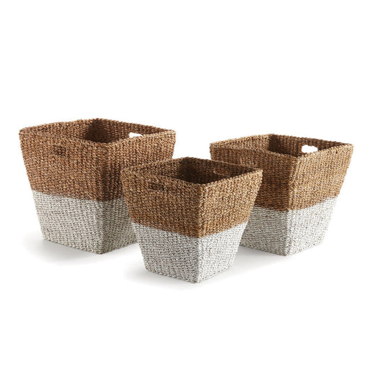 These two-toned seagrass baskets are perfect for storing towels, pillows or even laundry. Double-walled baskets that are supple, not stiff. Seagrass is naturally beautiful.