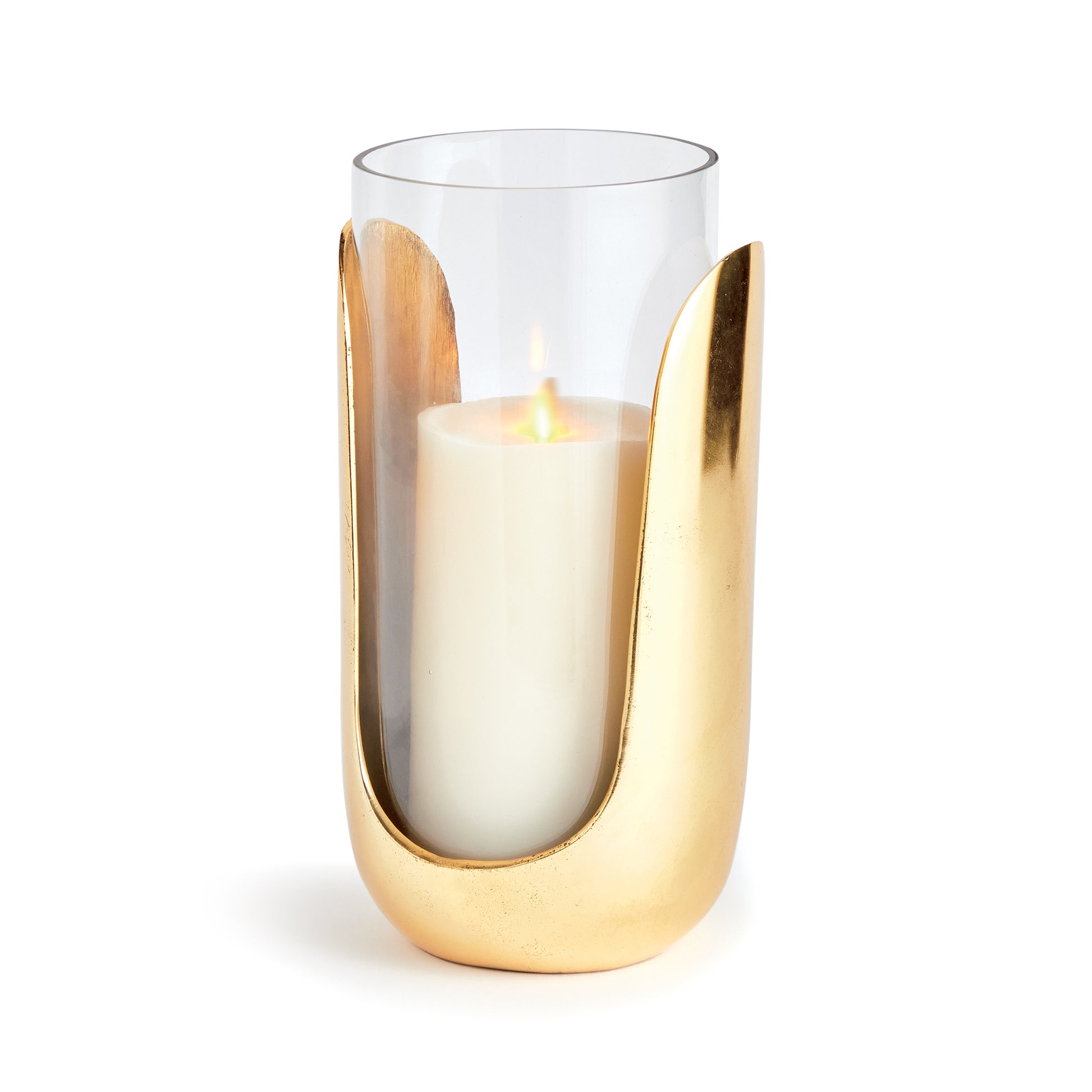 In a marriage of thoughtful design and mixed materials, this stunning hurricane features hand blown glass that slides into a cast aluminum abstract Base in a warm champagne. A truly unique contemporary accent for side table, console or mantel.