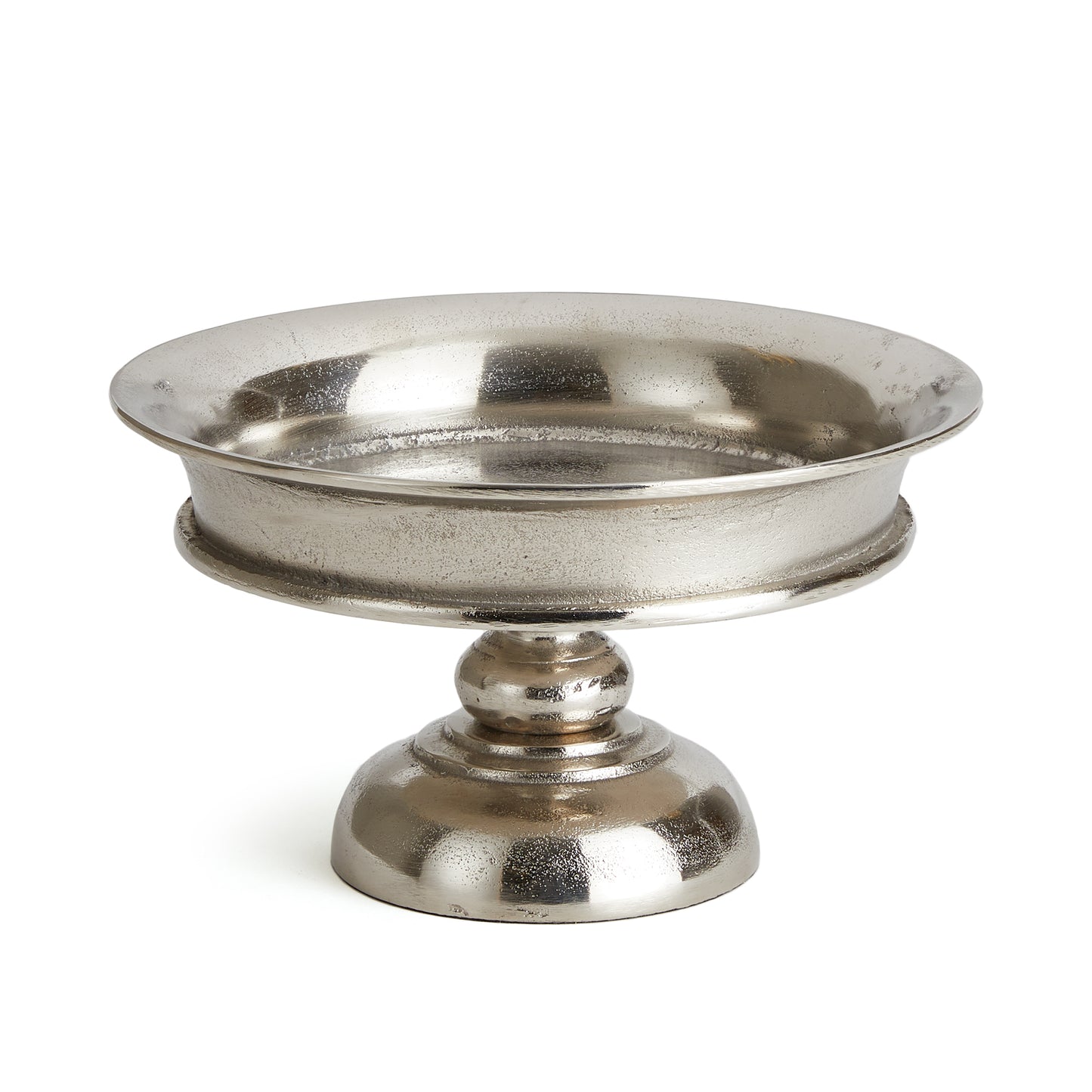 Made of cast aluminum, and finished in brushed nickel, this substantial pedestal is an update on an old classic. Add in some candles, boxwood orbs or books for a polished, well-styled, versatile look.