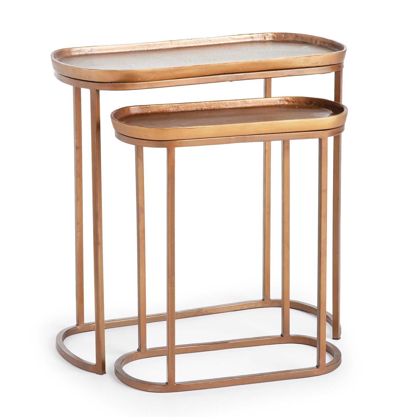 Who doesn't love the versatility of a nested side table? In an electroplated cast aluminum top and iron legs, these two pieces fit together nicely, or can be separated to accommodate your layout. Innovative and beautiful, indeed.