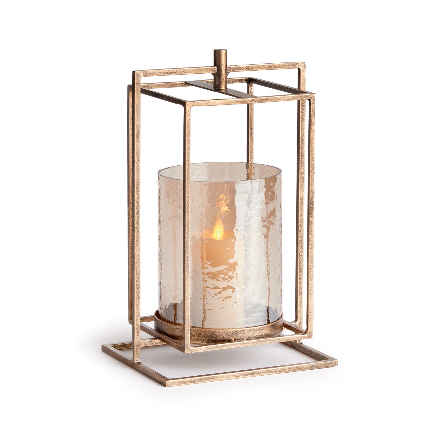 With a warm antique gold finish, elevated design and hammered lustre glass hurricanes, this candleholder is a work of art. Perfect for side table, entryway console or mantel.