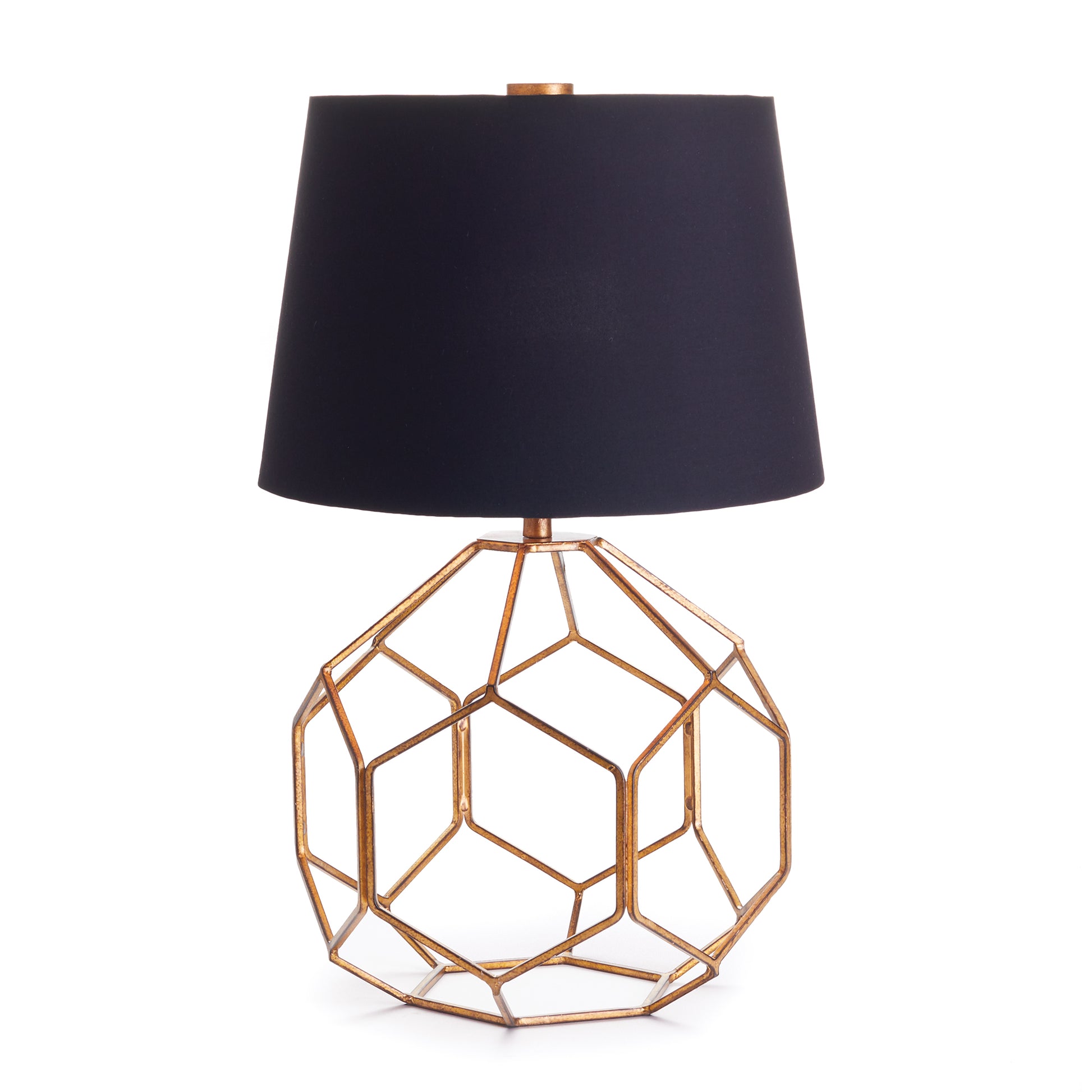 A handsome design of brass in a smart geometric form, the Melrose lamp has a contemporary look. The over scaled black shade adds Depth and drama.